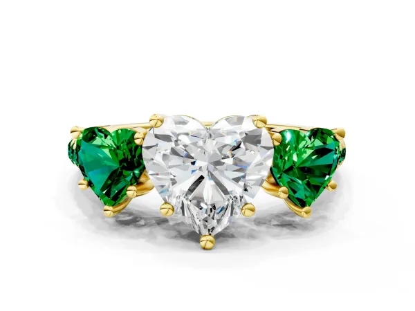 Three-Stone Heart Cut Diamond Ring with Round Emerald Pavé Band and Prong Setting Yellow gold
