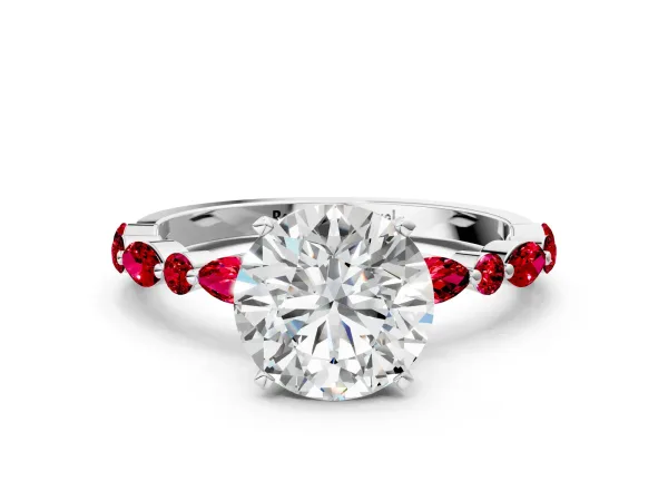 Round Cut Diamond Ring with Marquise and Round Ruby Side Stones and Four-Prong Setting White gold