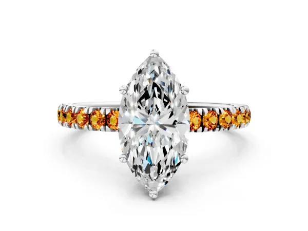 Marquise Cut Diamond Pave Band Solitaire Ring with Round Citrine and Prong Setting White gold