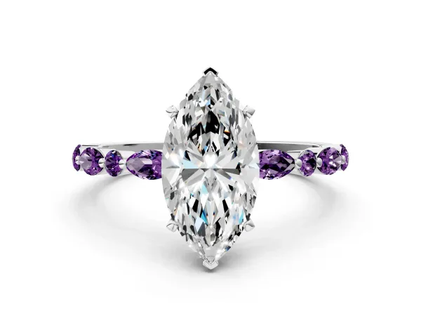 Marquise Cut Diamond Ring with Marquise and Round Amethyst Side Stones and Four-Prong Setting White gold