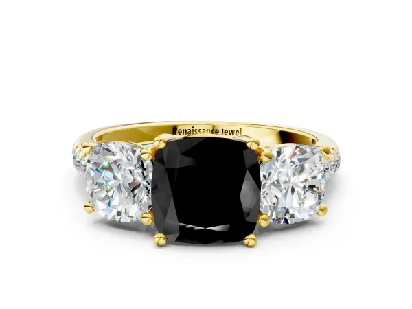 Fancy Black Three-Stone Cushion Cut Diamond Ring with Round Pavé Band and Prong Setting Yellow gold