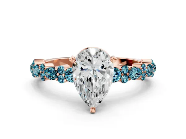 Pear Cut Diamond Side Stone Solitaire Ring with Round Blue Topaz and Four-Prong Setting Rose gold