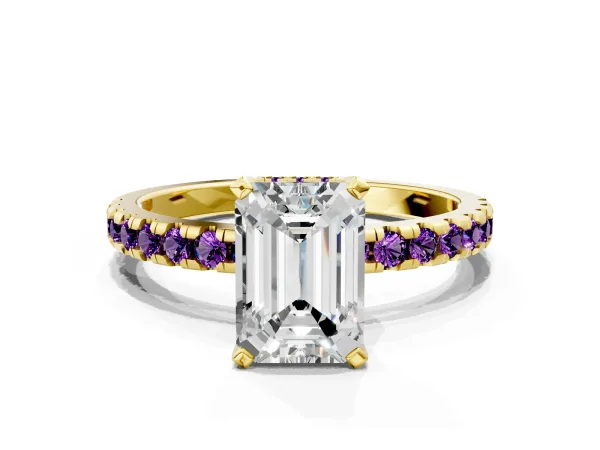 Emerald Cut Diamond Solitaire Ring with Round Amethyst Pavé Band and Four-Prong Setting Yellow gold