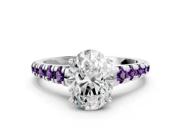 Oval Cut Diamond Cathedral Solitaire Ring with Round Amethyst Pavé Band White gold