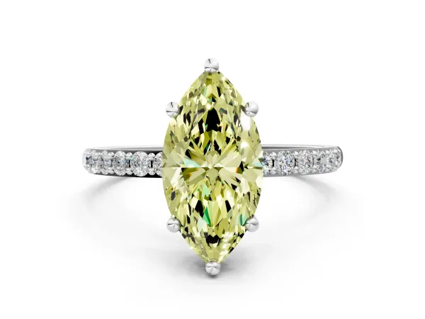 Fancy Yellow Marquise Cut Diamond Solitaire Ring with Round Pavé Band and Prong Setting Platinum