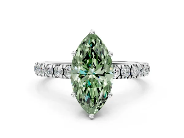 Fancy Green Marquise Cut Diamond Pave Band Solitaire Ring with Round and Prong Setting Silver