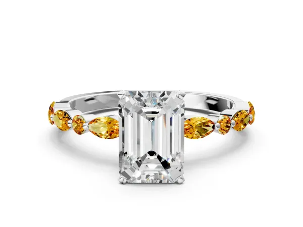 Emerald Cut Diamond Ring with Marquise and Round Citrine Side Stones and Four-Prong Setting White gold