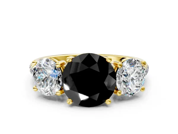 Fancy Black Three-Stone Round Cut Diamond Ring with Round Pavé Band and Prong Setting Yellow gold