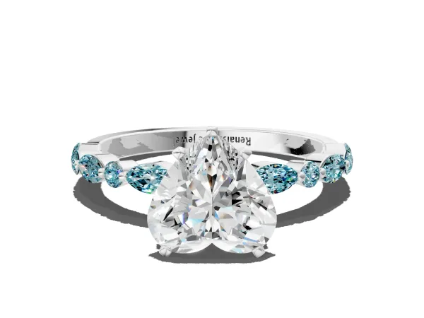 Heart Cut Diamond Ring with Marquise and Round Blue Topaz Side Stones and Four-Prong Setting Platinum