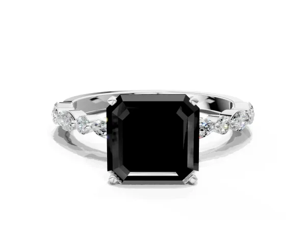 Fancy Black Asscher Cut Diamond Ring with Marquise and Round Side Stones and Four-Prong Setting Platinum