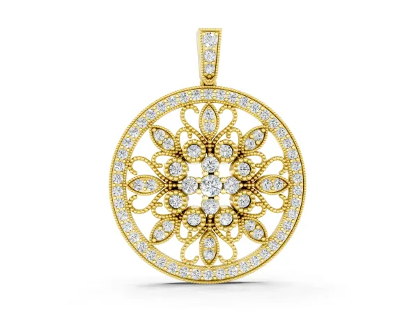 Round Pavé Diamond Filigree Pendant Yellow gold