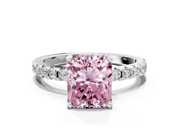 Fancy Pink Radiant Cut Diamond Solitaire Ring with Round Pavé Band and Four-Prong Setting White gold