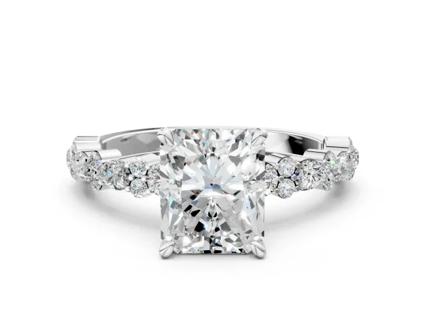 Radiant Cut Diamond Side Stone Solitaire Ring with Round Moissanite and Four-Prong Setting Platinum