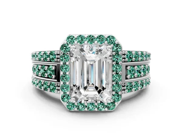 Emerald Cut Halo Diamond Ring with Round Green Sapphire Split Shank and Prong Setting Platinum