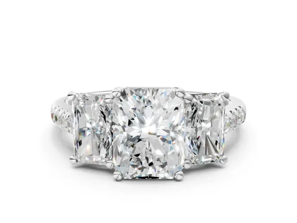 Three-Stone Radiant Cut Diamond Ring with Round Moissanite Pavé Band and Prong Setting Silver