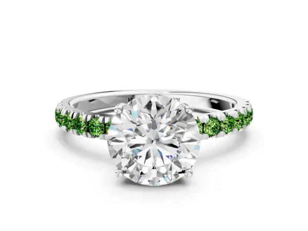 Round Cut Diamond Pave Band Solitaire Ring with Round Peridot and Prong Setting Silver