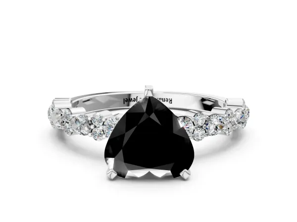 Fancy Black Heart Cut Diamond Side Stone Solitaire Ring with Round and Four-Prong Setting Platinum