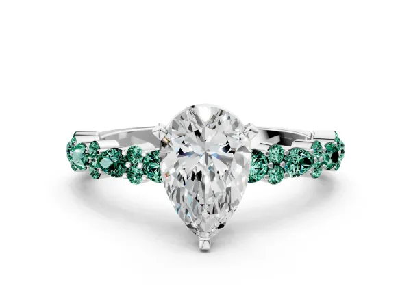 Pear Cut Diamond Side Stone Solitaire Ring with Round Green Sapphire and Four-Prong Setting Platinum