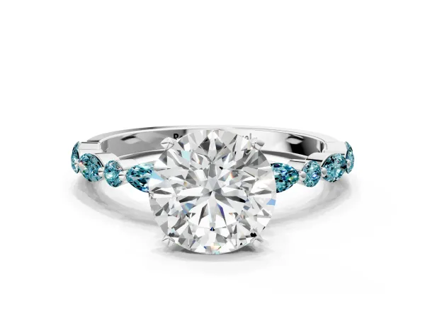 Round Cut Diamond Ring with Marquise and Round Blue Topaz Side Stones and Four-Prong Setting White gold