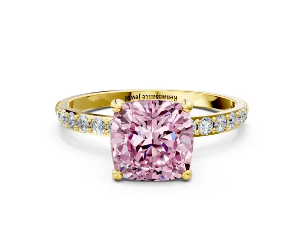 Fancy Pink Cushion Cut Diamond Solitaire Ring with Round Pavé Band and Prong Setting Yellow gold