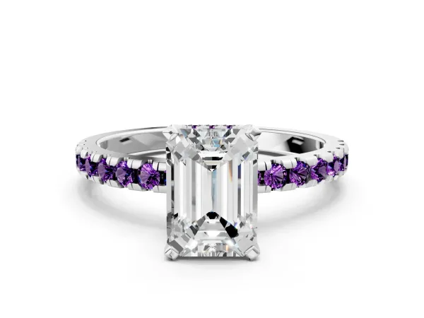 Emerald Cut Diamond Solitaire Ring with Round Amethyst Pavé Band and Four-Prong Setting White gold