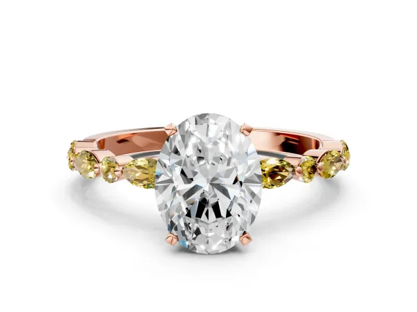 Oval Cut Diamond Ring with Marquise and Round Yellow Sapphire Side Stones and Four-Prong Setting Rose gold