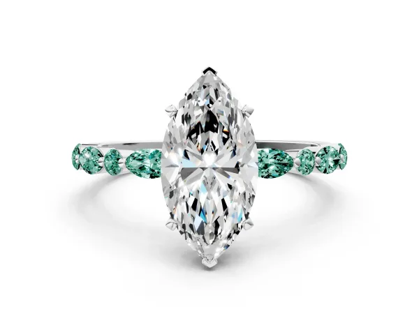 Marquise Cut Diamond Ring with Marquise and Round Green Sapphire Side Stones and Four-Prong Setting White gold