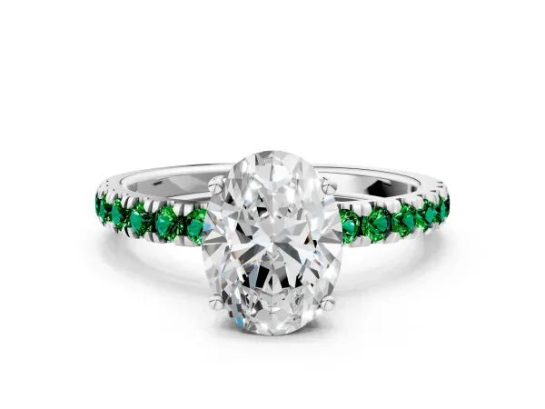 Oval Cut Diamond Pave Band Solitaire Ring with Round Emerald and Prong Setting Platinum