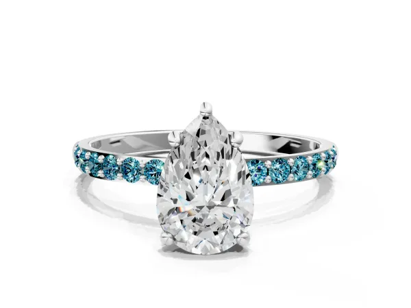 Pear Cut Diamond Solitaire Ring with Round Blue Topaz Pavé Band and Prong Setting Platinum