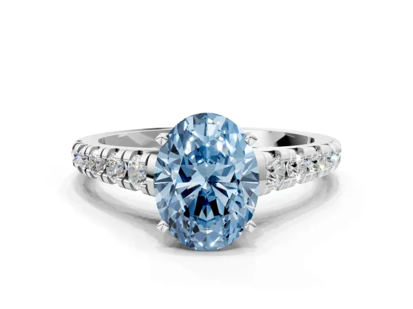 Fancy Blue Oval Cut Diamond Cathedral Solitaire Ring with Round Pavé Band White gold