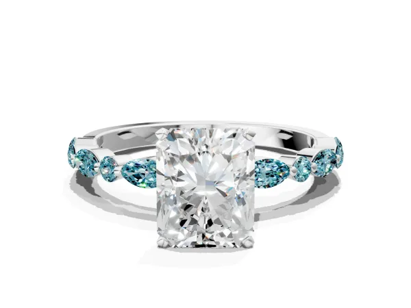 Radiant Cut Diamond Ring with Marquise and Round Blue Topaz Side Stones and Four-Prong Setting Platinum
