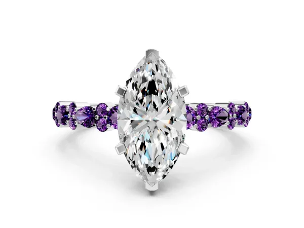 Marquise Cut Diamond Side Stone Solitaire Ring with Round Amethyst and Four-Prong Setting Platinum