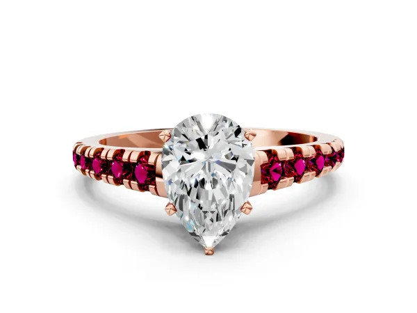 Pear Cut Diamond Cathedral Solitaire Ring with Round Garnet Pavé Band Rose gold