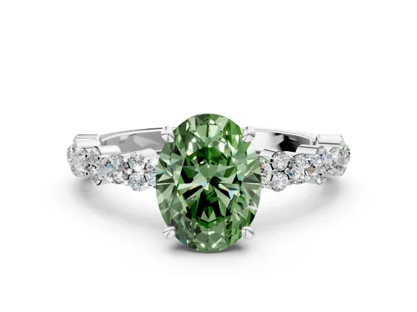 Fancy Green Oval Cut Diamond Side Stone Solitaire Ring with Round and Four-Prong Setting Platinum