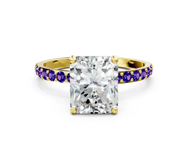 Radiant Cut Diamond Solitaire Ring with Round Tanzanite Pavé Band and Prong Setting Yellow gold