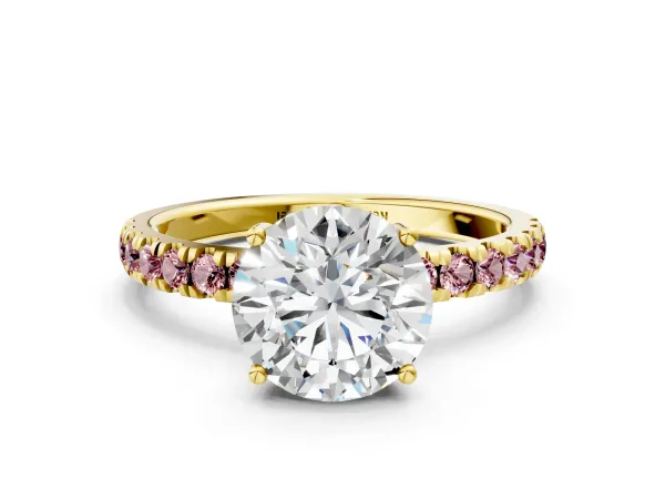 Round Cut Diamond Pave Band Solitaire Ring with Round Morganite and Prong Setting Yellow gold