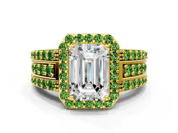 Emerald Cut Halo Diamond Ring with Round Peridot Split Shank and Prong Setting Yellow gold