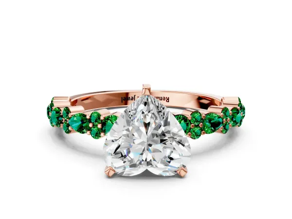 Heart Cut Diamond Side Stone Solitaire Ring with Round Emerald and Four-Prong Setting Rose gold