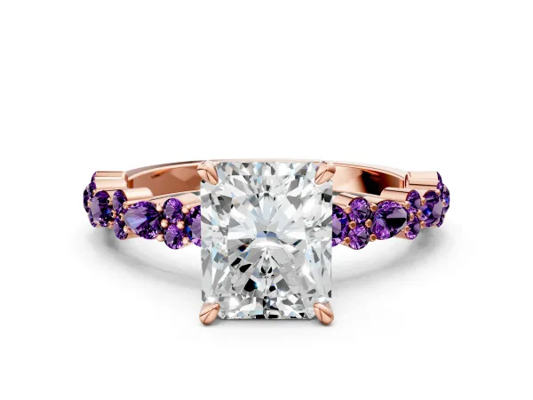 Radiant Cut Diamond Side Stone Solitaire Ring with Round Amethyst and Four-Prong Setting Rose gold