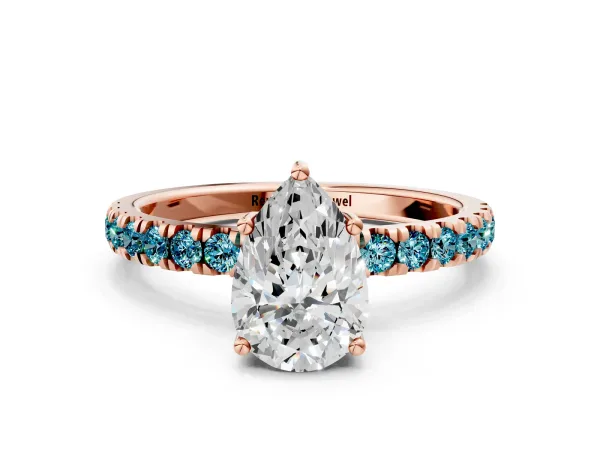 Pear Cut Diamond Pave Band Solitaire Ring with Round Blue Topaz and Prong Setting Rose gold