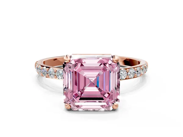 Fancy Pink Asscher Cut Diamond Solitaire Ring with Round Pavé Band and Prong Setting Rose gold