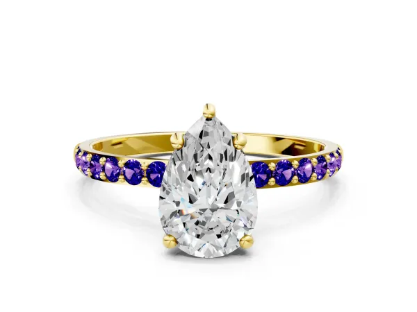 Pear Cut Diamond Solitaire Ring with Round Tanzanite Pavé Band and Prong Setting Yellow gold