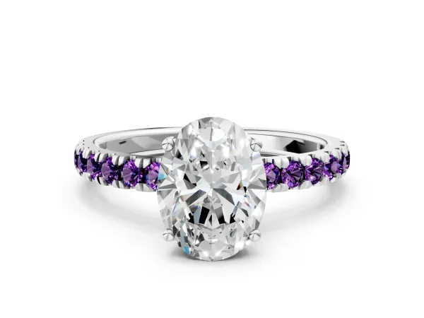 Oval Cut Diamond Pave Band Solitaire Ring with Round Amethyst and Prong Setting Platinum