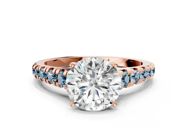 Round Cut Diamond Cathedral Solitaire Ring with Round Aquamarine Pavé Band Rose gold
