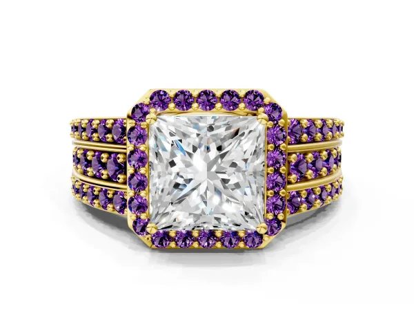 Princess Cut Halo Diamond Ring with Round Amethyst Split Shank and Prong Setting Yellow gold