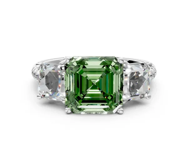 Fancy Green Three-Stone Asscher Cut Diamond Ring with Round Pavé Band and Prong Setting Platinum