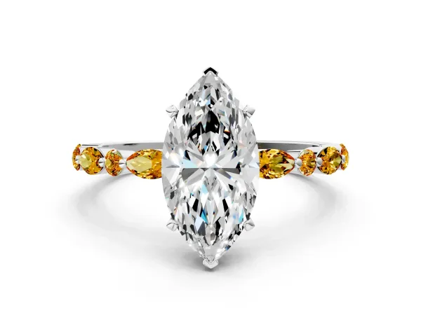 Marquise Cut Diamond Ring with Marquise and Round Citrine Side Stones and Four-Prong Setting White gold