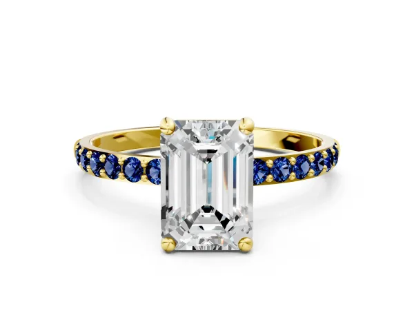 Emerald Cut Diamond Solitaire Ring with Round Blue Sapphire Pavé Band and Prong Setting Yellow gold
