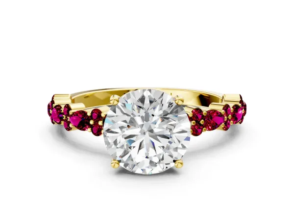 Round Cut Diamond Side Stone Solitaire Ring with Round Garnet and Four-Prong Setting Yellow gold