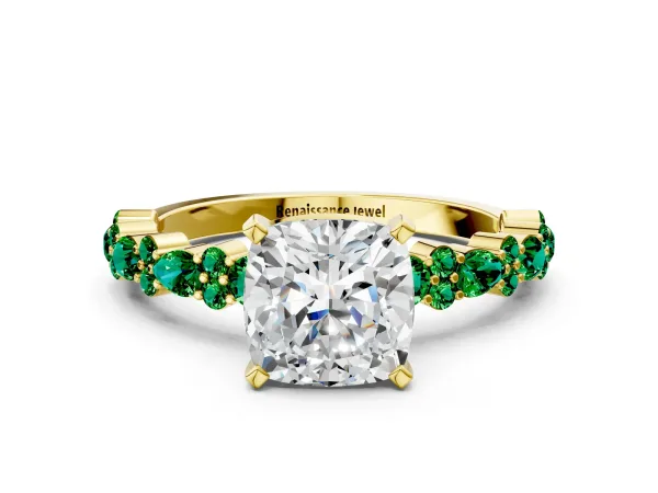 Cushion Cut Diamond Side Stone Solitaire Ring with Round Emerald and Four-Prong Setting Yellow gold